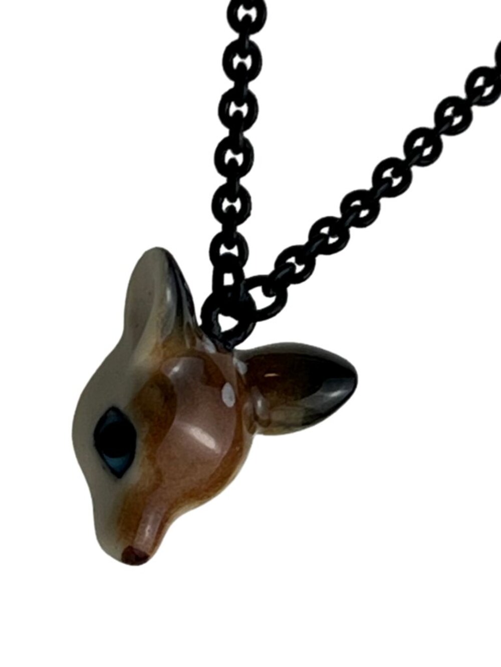 Dainty Hand Painted Ceramic Fawn Deer Pendant Necklace Tiny Kitsch Cute